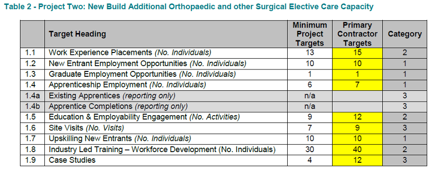 Table: Project 2: New Build additional orthopaedic and other Surgical Elective Care Capacity